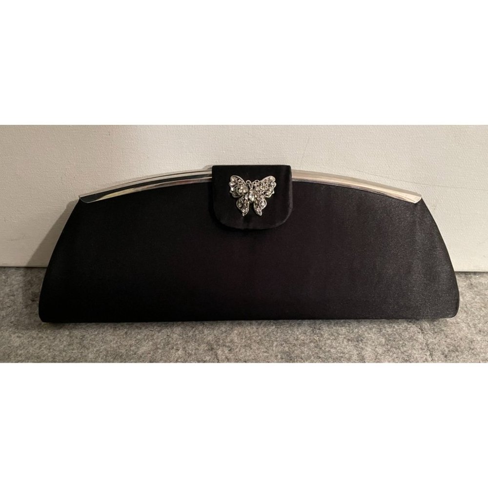 Tova of Beverly Hills Black Satin Clutch / Rhinestone Butterfly   11 x 4x 4   #1
